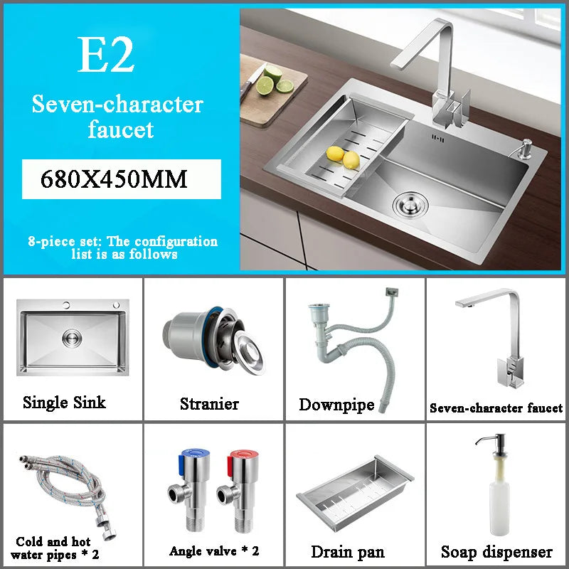Stainless Steel Kitchen Sink Farm House Above Counter Undermounter Single Bowel Wash Basin with Faucet Drain Kitchen Accessories