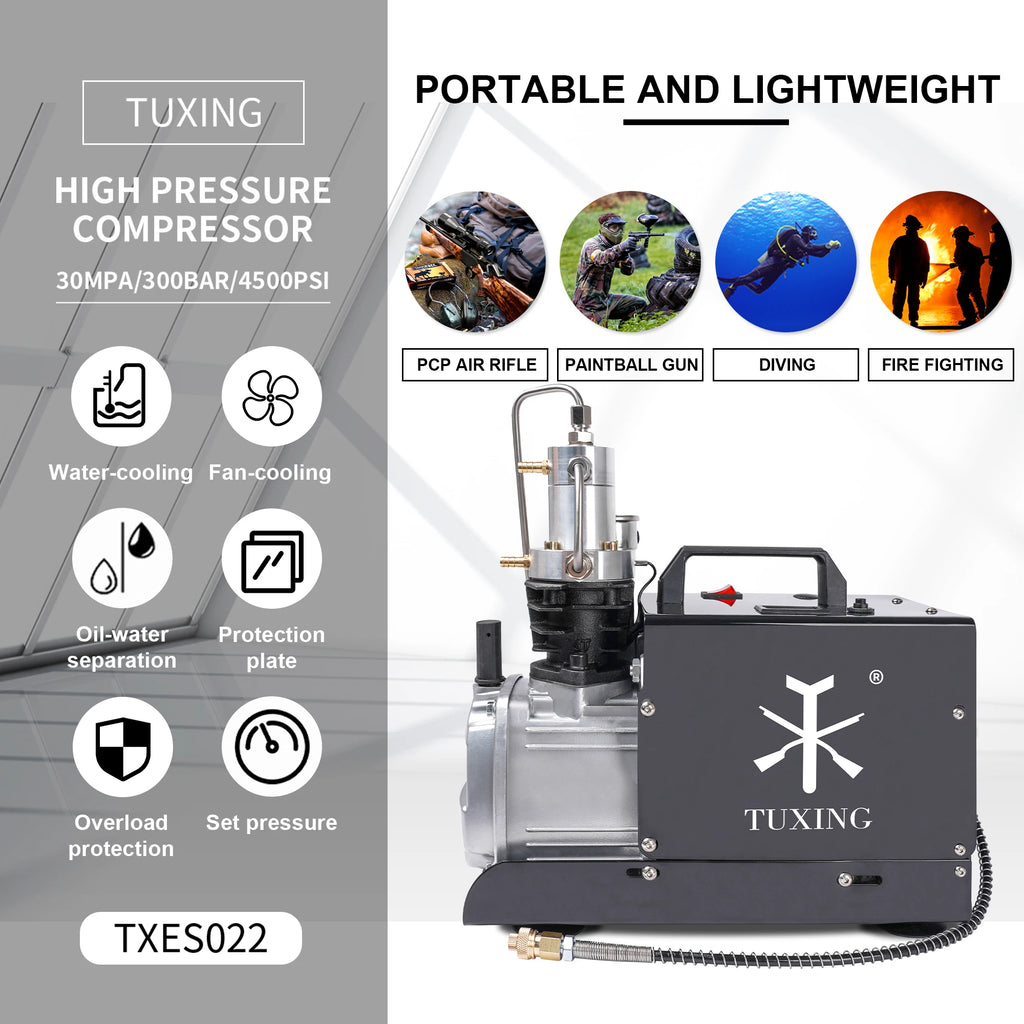 TUXING TXES022 300Bar PCP Compressor Electric 4500Psi High Pressure Air Compressor Auto Stop for PCP Scuba Diving Tank Rifle