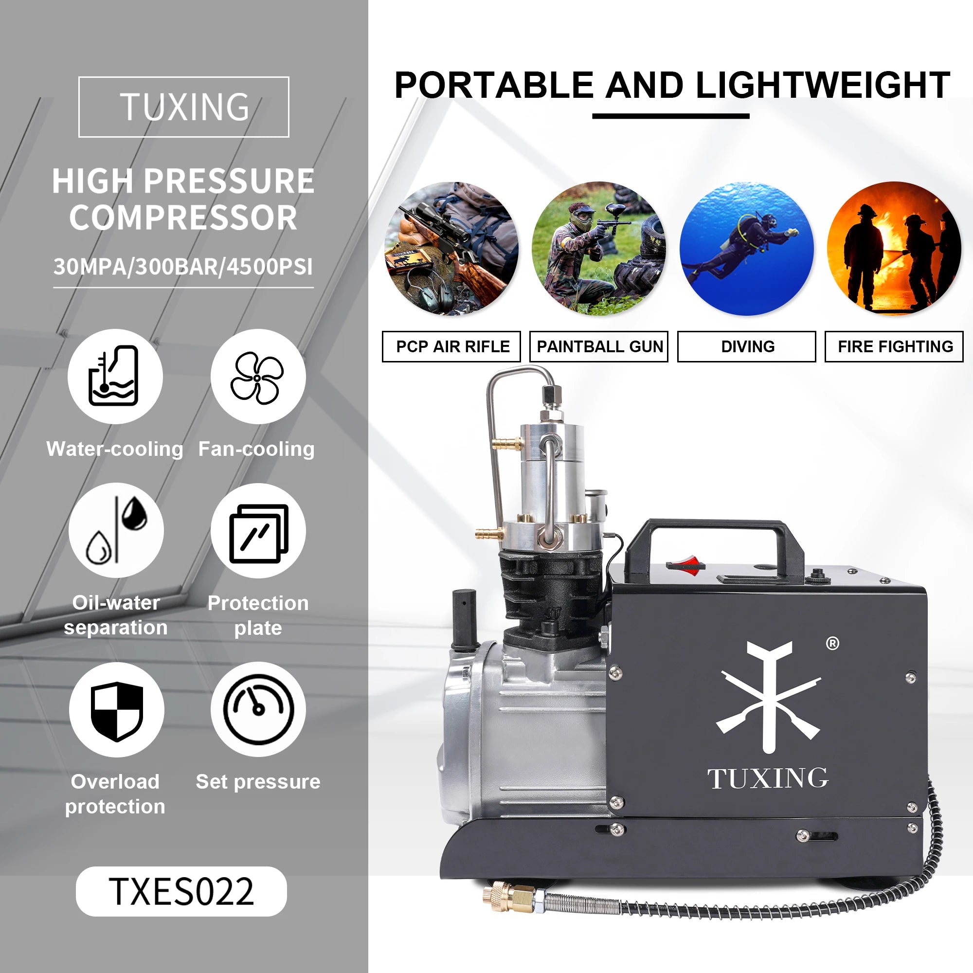TUXING TXES022 300Bar PCP Compressor Electric 4500Psi High Pressure Air Compressor Auto Stop for PCP Scuba Diving Tank Rifle