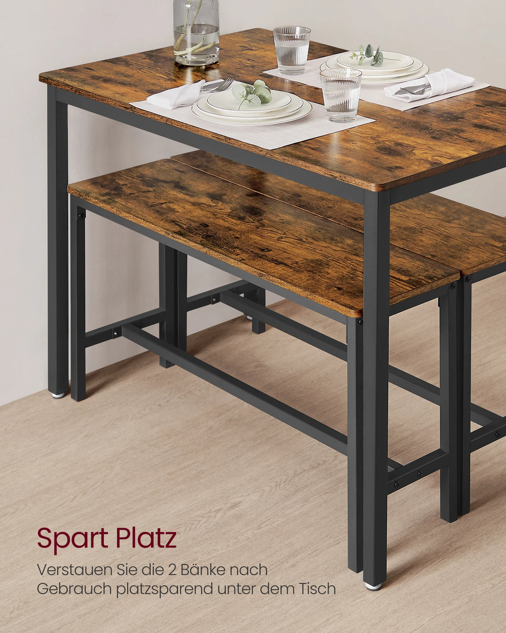 VASAGLE Dining Group, (set, 3 PCs), Kitchen Table 70x110x75 cm, 2 benches each 30x97x50 cm
