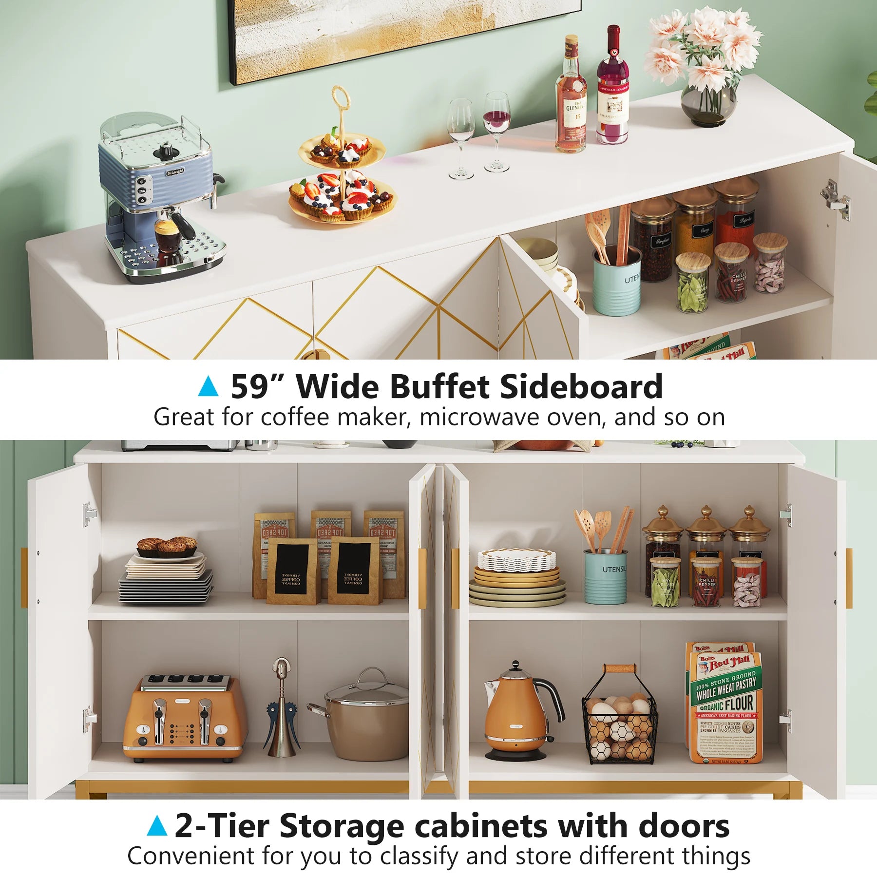 Tribesigns 59" White Gold Buffet Cabinet with Storage Kitchen Sideboard Storage Cabinet
