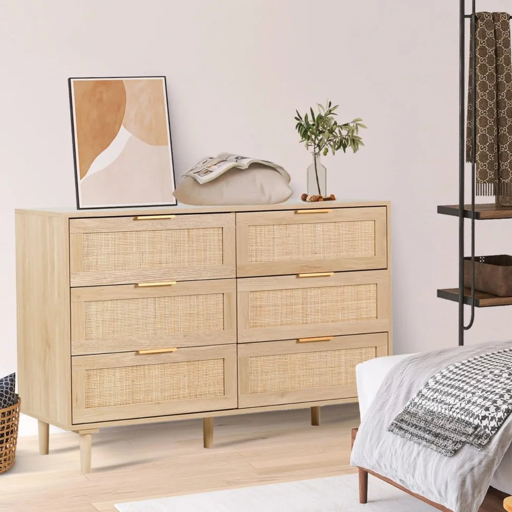 Rattan Dresser for Bedroom,Modern 6 Drawer Double Dresser with Gold Handles,Wood Storage Chest of Drawers fo Bedroom,Living Room