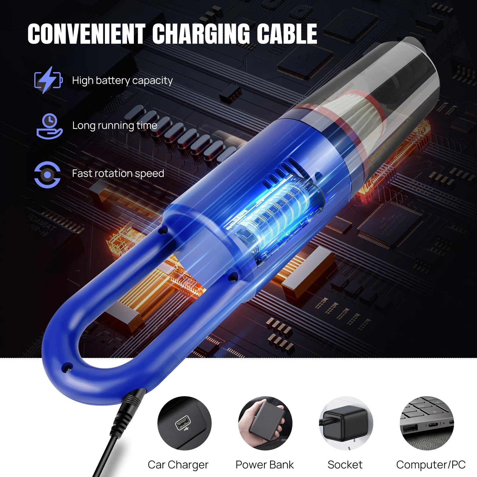 Wireless Portable Car & Home Vacuum Cleaner, 6200Pa Strong Suction, 50W High Power, Dual Lithium Batteries for Long-lasting Batt
