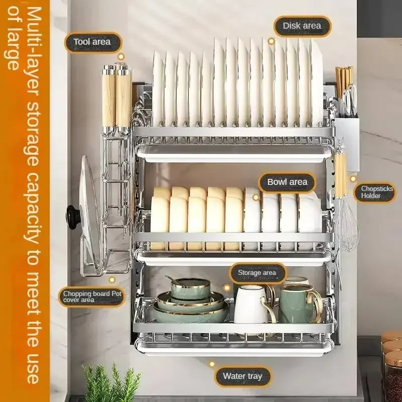 Kitchen Dish Rack Wall Mounted Multifunctional Storage Rack No-hole Cupboard with Chopsticks Knives Plates Draining Storage