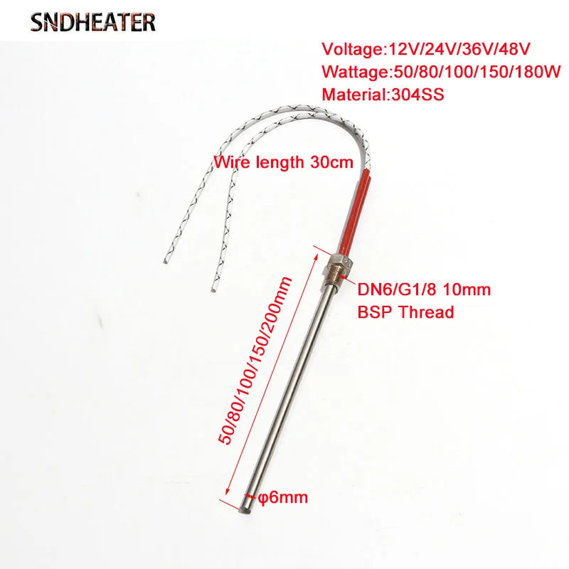 SNDHEATER 1pc Threaded Cartridge Heater 304 Stainless steel Heating Rod DN6 G1/8 10mm BSP Thread 6x50-200mm Tube 12V/24V/36V/48V