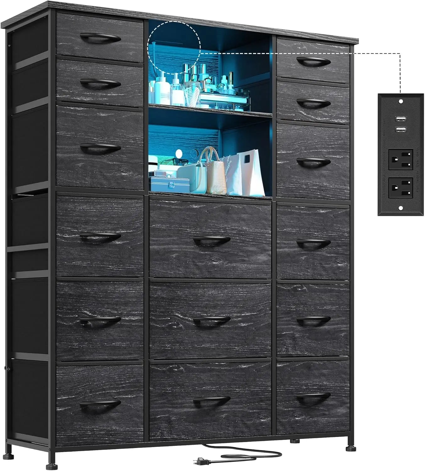 51" H Tall Dresser with 15 Drawers Dresser for Bedroom with Charging Station & LED Lights & Hutch Sturdy Black Bedroom Dressers
