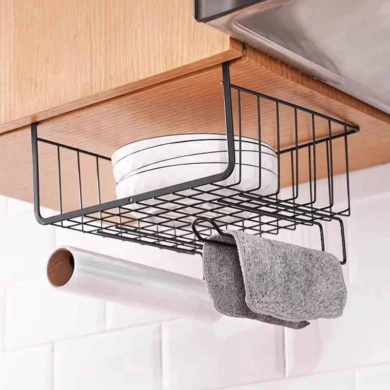 Kitchen Cabinet And Wall Cabinet Divider Under-Table Storage Basket No-Drill Hanging Iron Shelf