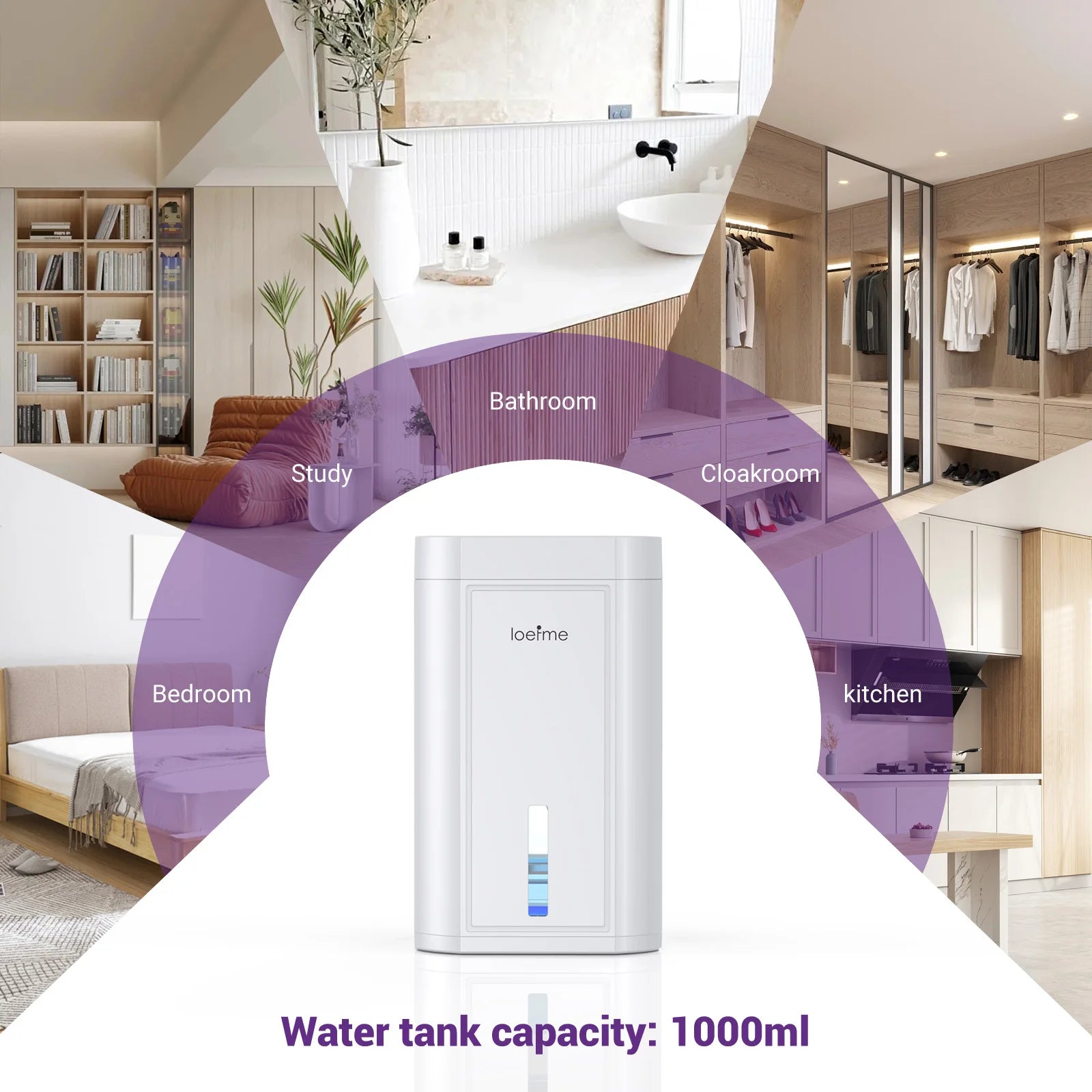 LOEFME Electric Dehumidifier 1000ML with Timer, Low Noise, 7 Color Light, Mini Air Dehumidifier, for Bedroom, Bathroom, Wardrobe