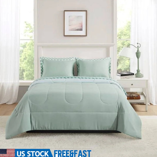 7 Piece Reversible Bed in a Bag Comforter Set with Sheets Soft Polyester Queen Bedding Set Machine Washable Storage Bag