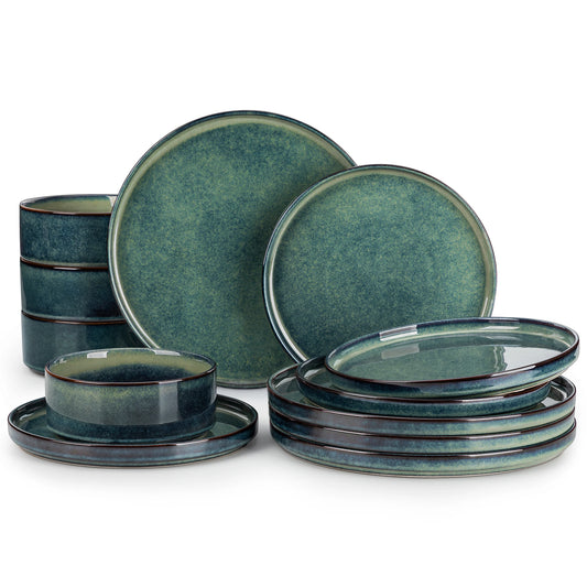 vancasso 12/24/36Piece Dinner set Black Green Reactive Glaze Vertical edge Dinnerware set with 4PCS Dinner Plate/ Dessert/Bowl