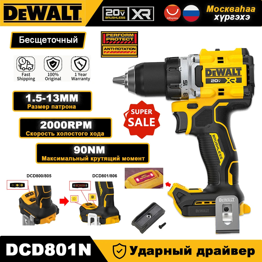 DEWALT 20V Brushless Cordless Compact Drill Driver DCD800 90N.m Rechargeable Original Electric Screwdriver Household Power Tools