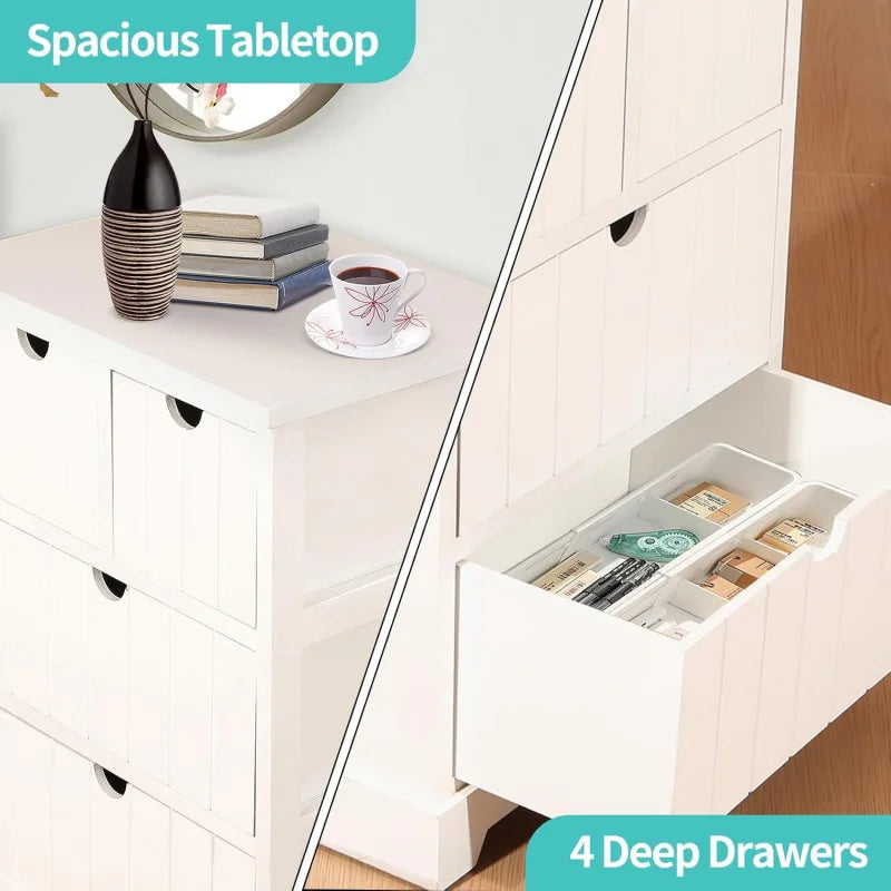 White Nightstand with 4 Drawers, Modern Bedside Table with Storage, Wooden Dresser for Bedroom, Night Stand with Drawers, Sturdy