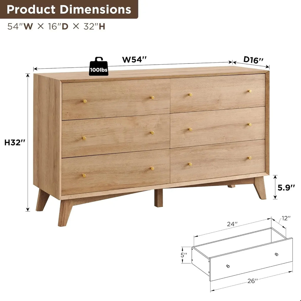 6 Drawer Dresser, 54" Wide Mid Century Modern Chest of Drawers, Beveled Profile Design, Wood Drawer Organizer for Bedroom