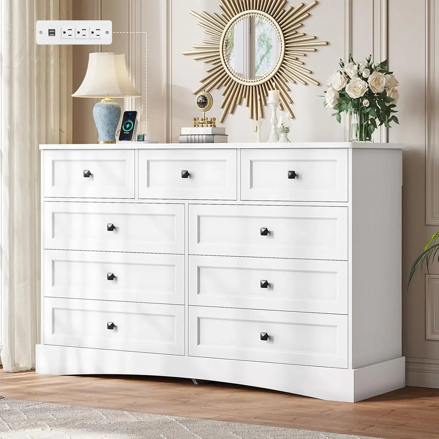 White Bedroom Dresser, 51.2" Large  Charging Station, Wide  , Wooden Tower Organizer Dresser for Bedroom, Living Room
