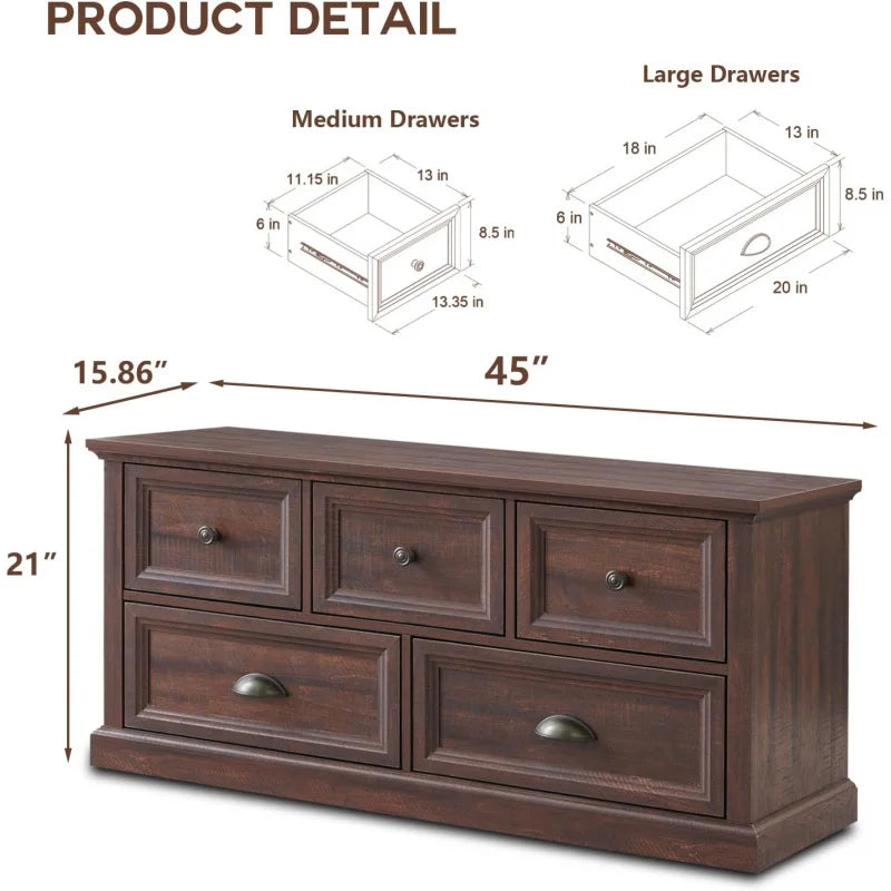 Farmhouse 5 Dresser for Bedroom, 45" Wide of Drawers, 21" Tall Closet Bench Chest Storage Trunk, W