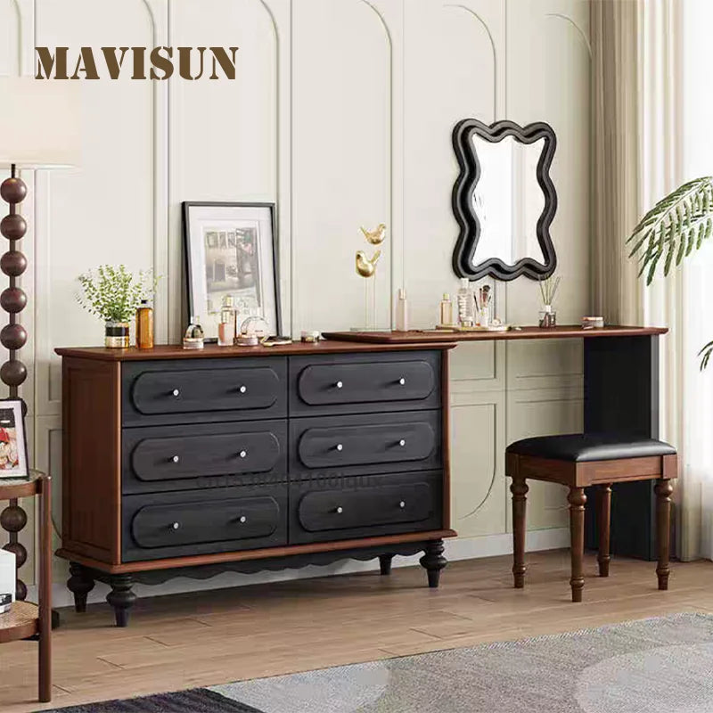 Mid Century 85 cm Solid Wooden Dresser Set Six Drawers Elegant Design Spacious Counter top Bedroom Furniture Wooden Dresser