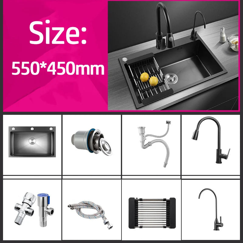 304 Stainless Steel Kitchen Sink Topmount Single Bowl Wash Basin For Home Fixture Drain Accessories Single Slot Kichen Sink