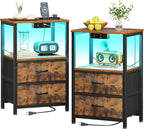 Nightstand Set of 2 with Charger Station \u2014 USB Ports & Outlet, Bed Side Table with LED Lights, End Table with Fabric Drawer