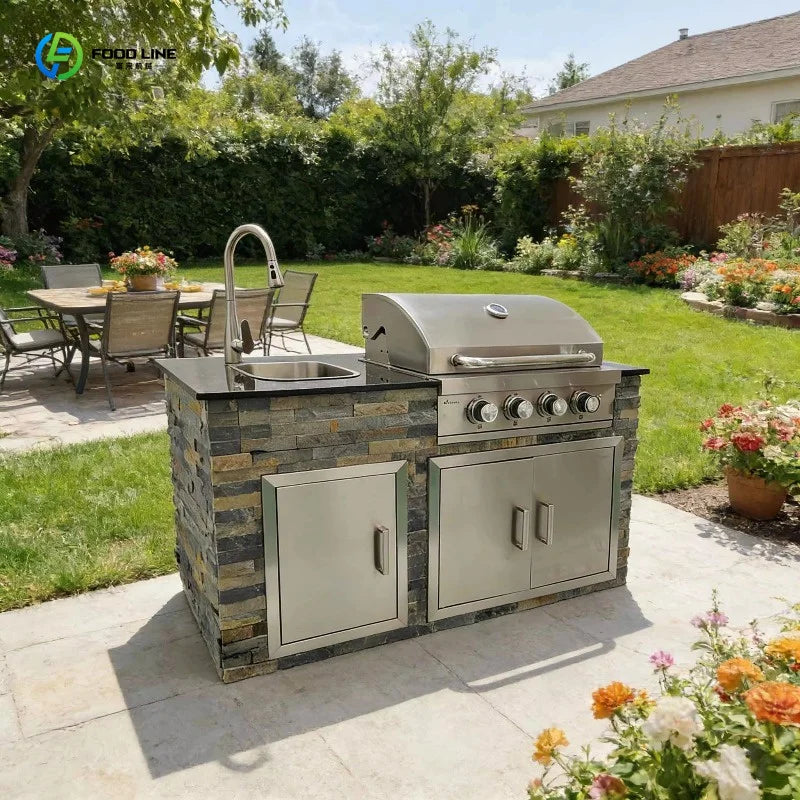 Custom Outdoor Garden Kitchen BBQ Station Cultural Stone Sink Countertop Built-in BBQ Grill For Home Use