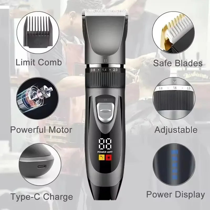 Professional Home Electric Hair Clipper Set with Digital Display, USB Fast Charging, Ceramic Blades & Long Battery Life