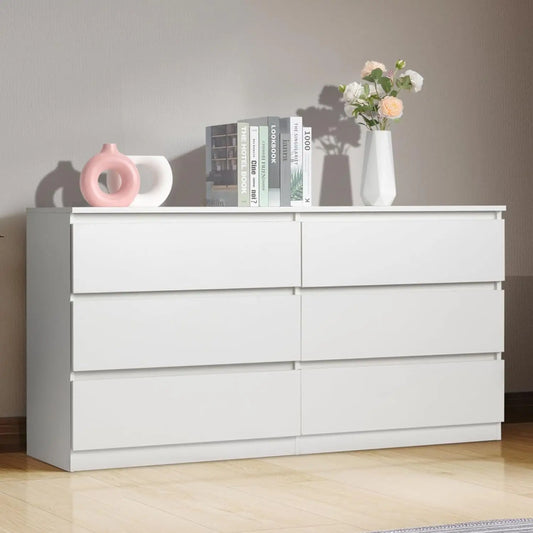 White 6 Drawer Dresser for Bedroom 55 Inch Long Wood Dresser with Large Storage Chest of Drawers
