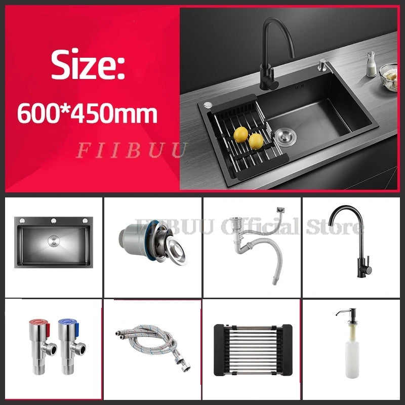 Black Nano Wash Basin Single Sink creative Stainless Steel Kitchen Sinks Drain Set Home Handmade Wash Basin Kitchen Accessories