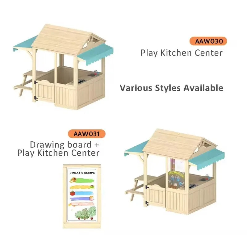 Wood Kids Play House Wooden Children Playhouse Outdoor Kids Playhouse with Play Kitchen Snack Bar Window Picnic Bench