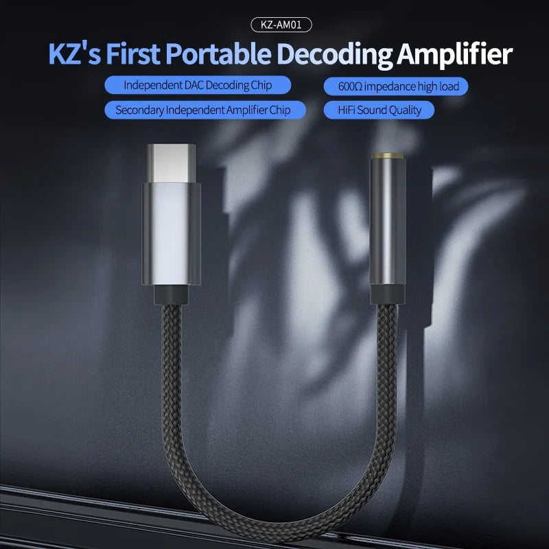 KZ AM01 Type-C to 3.5mm Audio Adapter 32bit/384kHz Hi-Fi DAC + IC Amplifier Dual Chip Earphone Audio Cable For KZ Castor Kilra