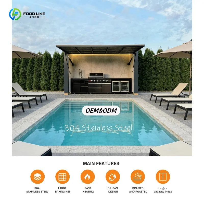 Customized luxury one-stop outdoor grill kitchen with refrigerator, sink, lockers and retractable doorway