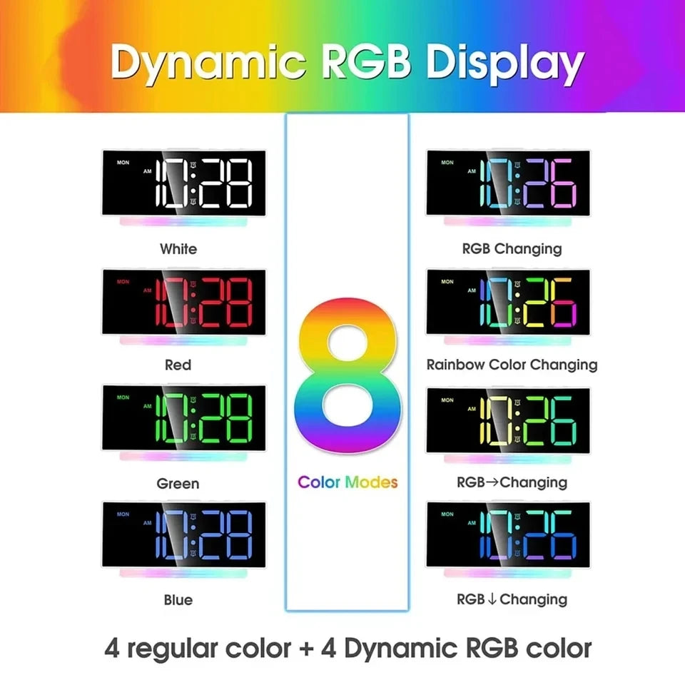 LED Alarm Clock with Colorful RGB Atmosphere Night Light and Output Power Interface to Charge Other Devices. Gift Idea for All