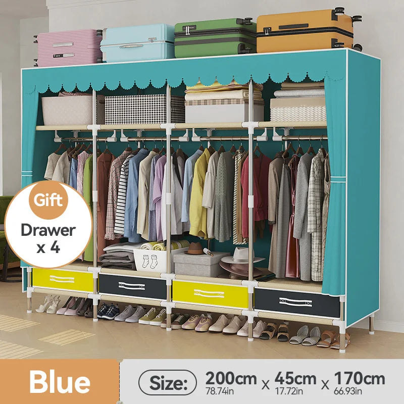 1 Piece of Simple and Modern Wardrobe, with Solid Color Curtain Door Curtain, Slide Rail, Assembly Rental, Economical, Sturdy, Durable, All-Steel Frame, Multi-Interface Fixed Home Storage Wardrobe, Suitable for Bedroom