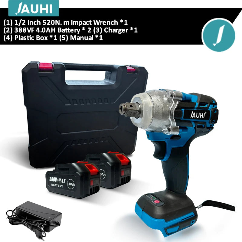 JAUHI 520N.M Brushless Electric Impact Wrench Cordless Electric Wrench 1/2 Inch Screwdriver Power Tools For Makita 18V Battery