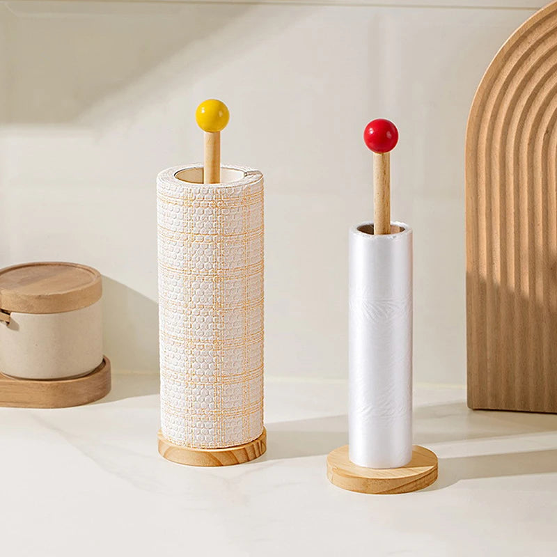 Kitchen Wooden Roll Paper Towel Holder Bathroom Tissue Vertical Stand Disposable Paper Pot Kitchen Toilet Storage Accessories