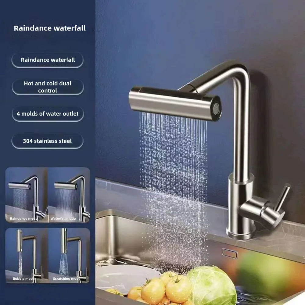 304 Stainless Steel Kitchen Faucet 4 Mode Kitchen Faucet 360°Rotating Waterfall Flow Spray Head Hot And Cold Water Faucet