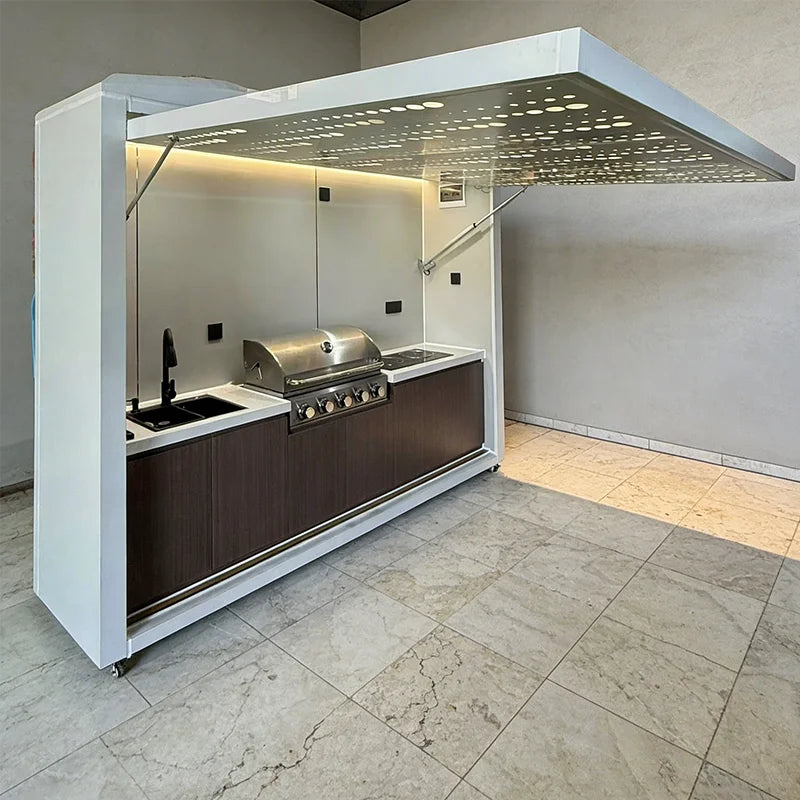 Customized weatherproof outdoor kitchen cabinet with roof, free shipping for outdoor cooking use