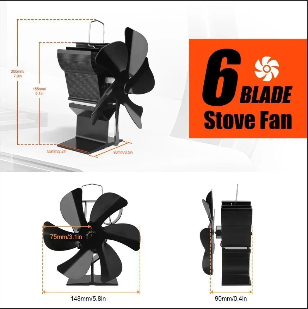 6 Blades Heat Powered Stove Fan Eco Quiet Black Log Wood Burner Fireplace Fan Winter Warmer Home Efficient Heat Distribution