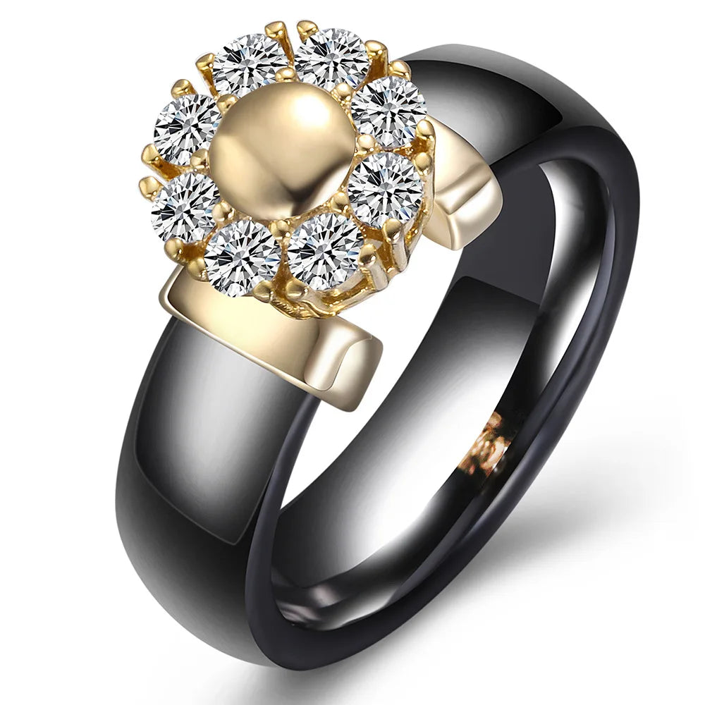Luxury Sunflower Zircon Ceramic Ring - Titanium Steel Metal Finger Jewelry for Women & Girls | AlluCanFind