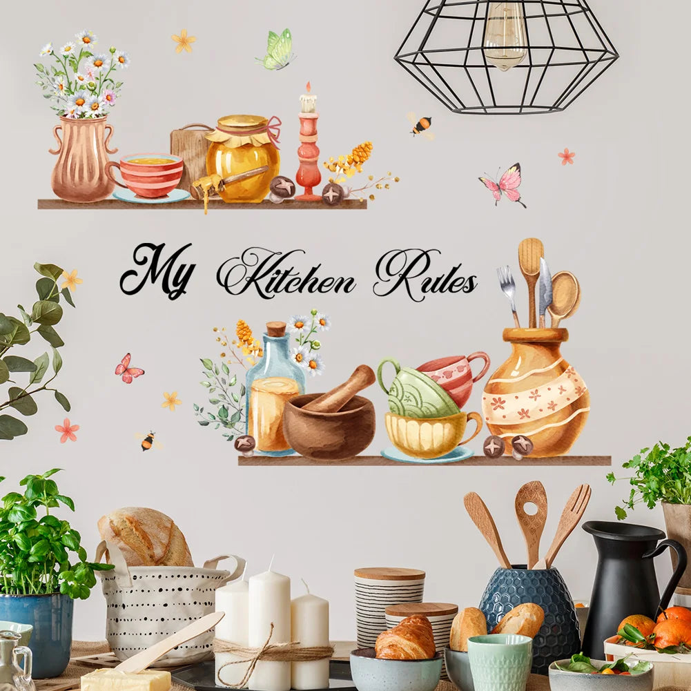 Cartoon Kitchen Utensils Pattern Wall Sticker For Kitchen Background Decoration Mural Restaurant Home Decor Self-adhesive Decals
