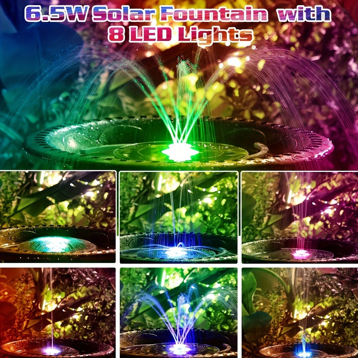 Indoor and outdoor 6.5w solar fountain, automatic bird bath fountain, with DIY nozzle set, suitable for gardens, courtyards,