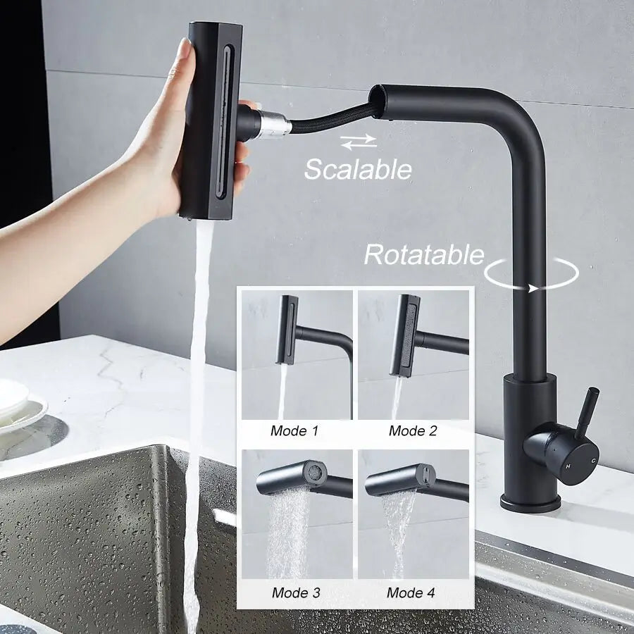4-Mode Black Pull-Out Kitchen Faucet | RV & Home Hot/Cold Sink Faucet