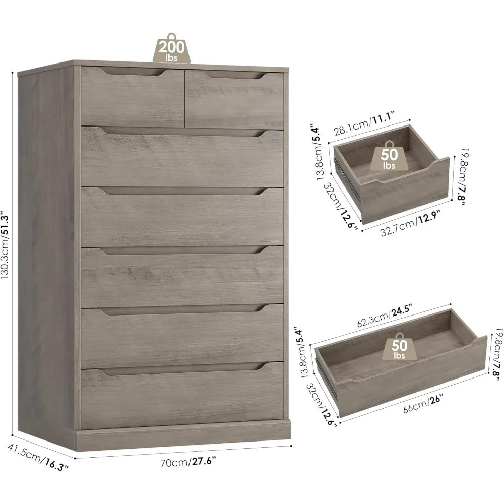 51" Tall 7 Drawers Dresser, Modern Grey Dresser, Wood Dressers & Chests of Drawers with Cut-Out Handles, Upright Drawer Chest,