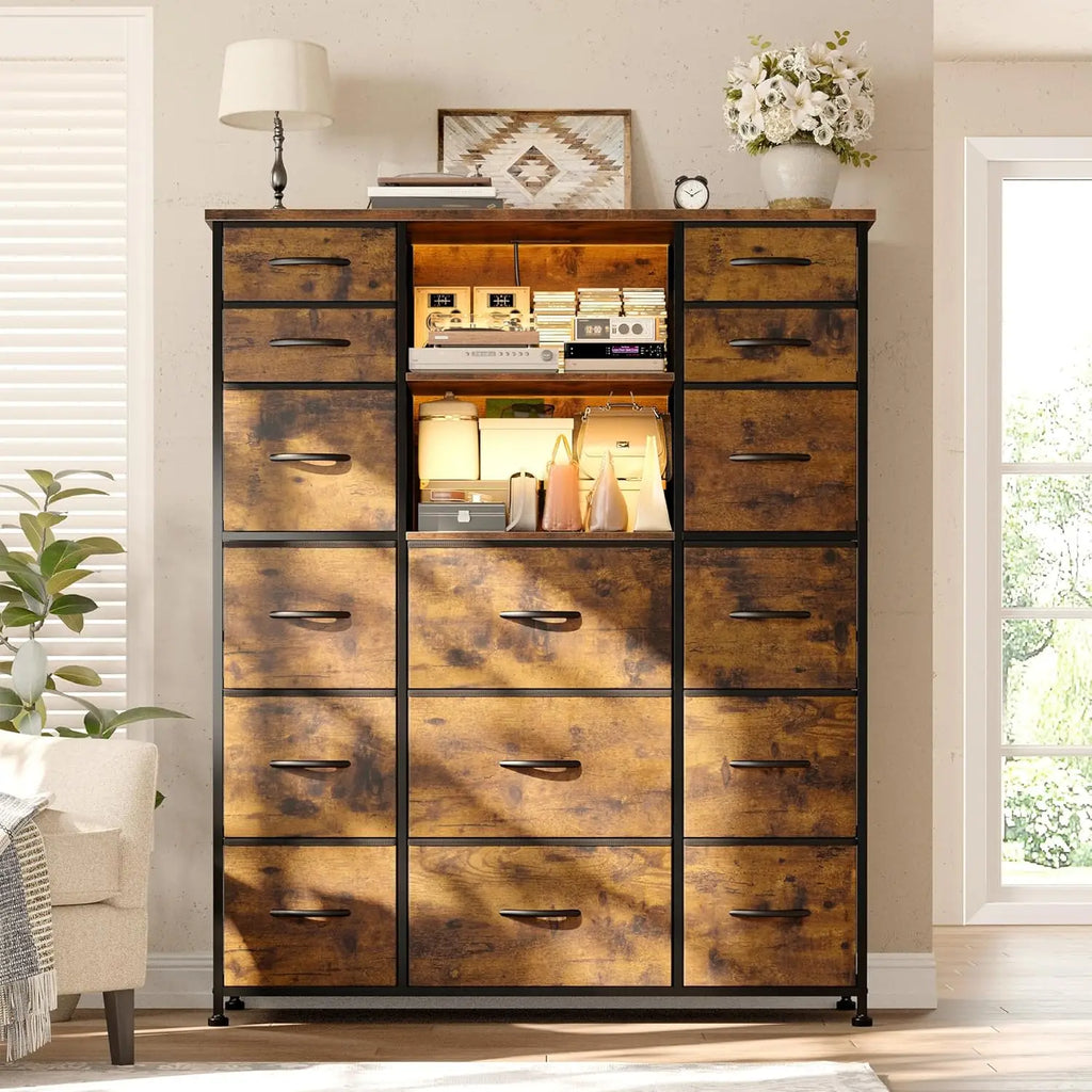 51"H Tall Dresser with 15 Drawers Dresser for Bedroom with Charging Station & LED Lights & Hutch Sturdy Fabric Bedroom Dressers