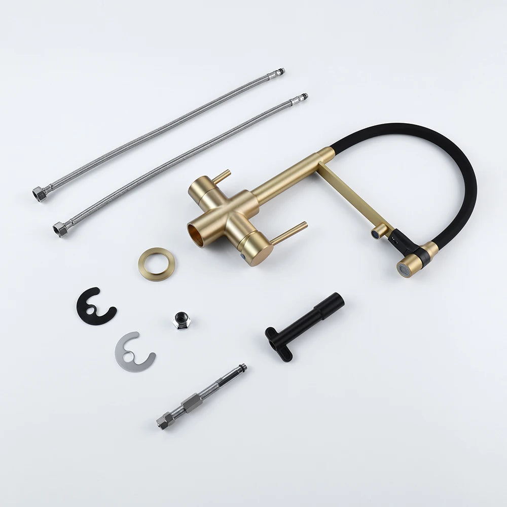 Brushed Gold Kitchen Faucet Filter 360 Swivel Pure Water Tap for 3 Ways Kitchen Pull Out Purification Water Mixer Double Handle