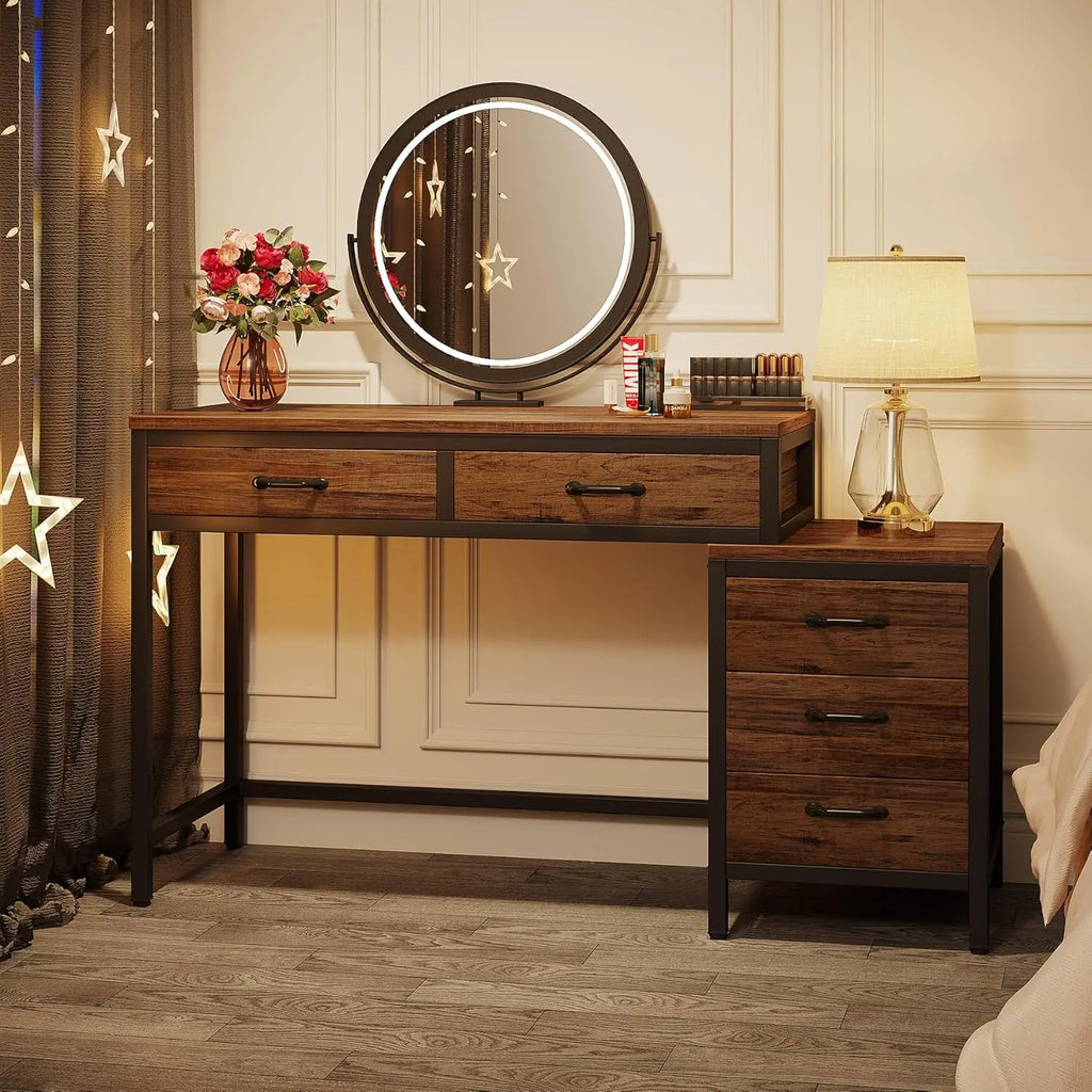 Vanity Desk with 5 Drawers, Makeup Vanity Table Dressing Table with Side 3-Drawer Chest (Without Mirror)for Women, Girls