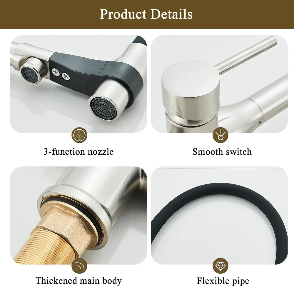 Kitchen Purified Water 2 Function Brass Cold and Hot Mix Faucet Black Flexible Water Pipe 360 Rotate Filtered Water Deck Install