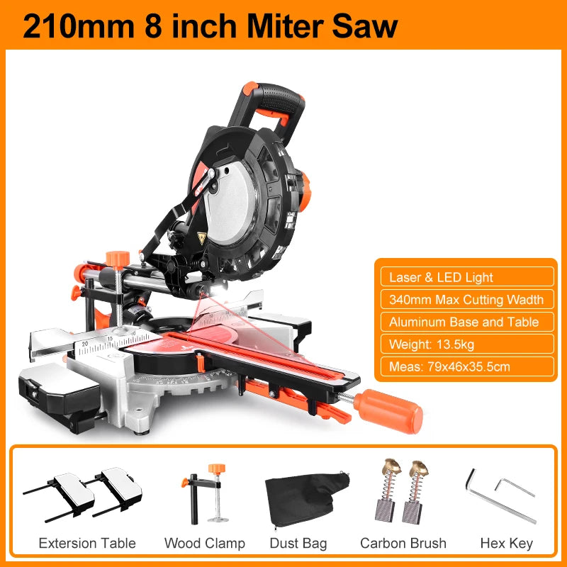 HASPOWER 8 Inch 210mm Sliding Miter Saw Single Bevel With Laser LED Light Electric Power Tool Cutting Machine