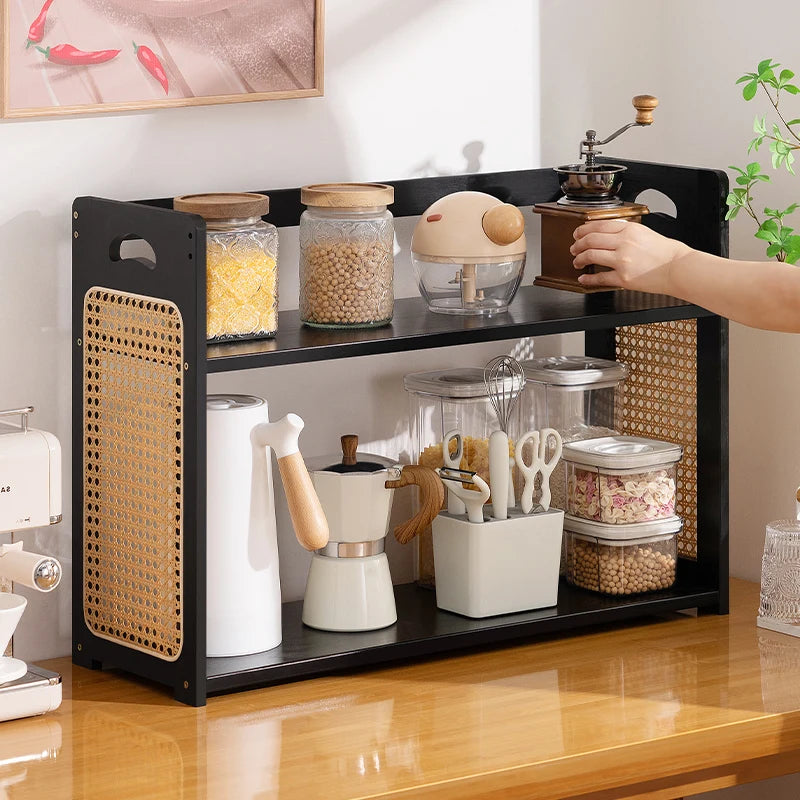 Kitchen Counter Rattan Storage Rack, Home Vanity, Cosmetic Organizer, Spice and Dish Rack, Nan Bamboo Storage Shelf