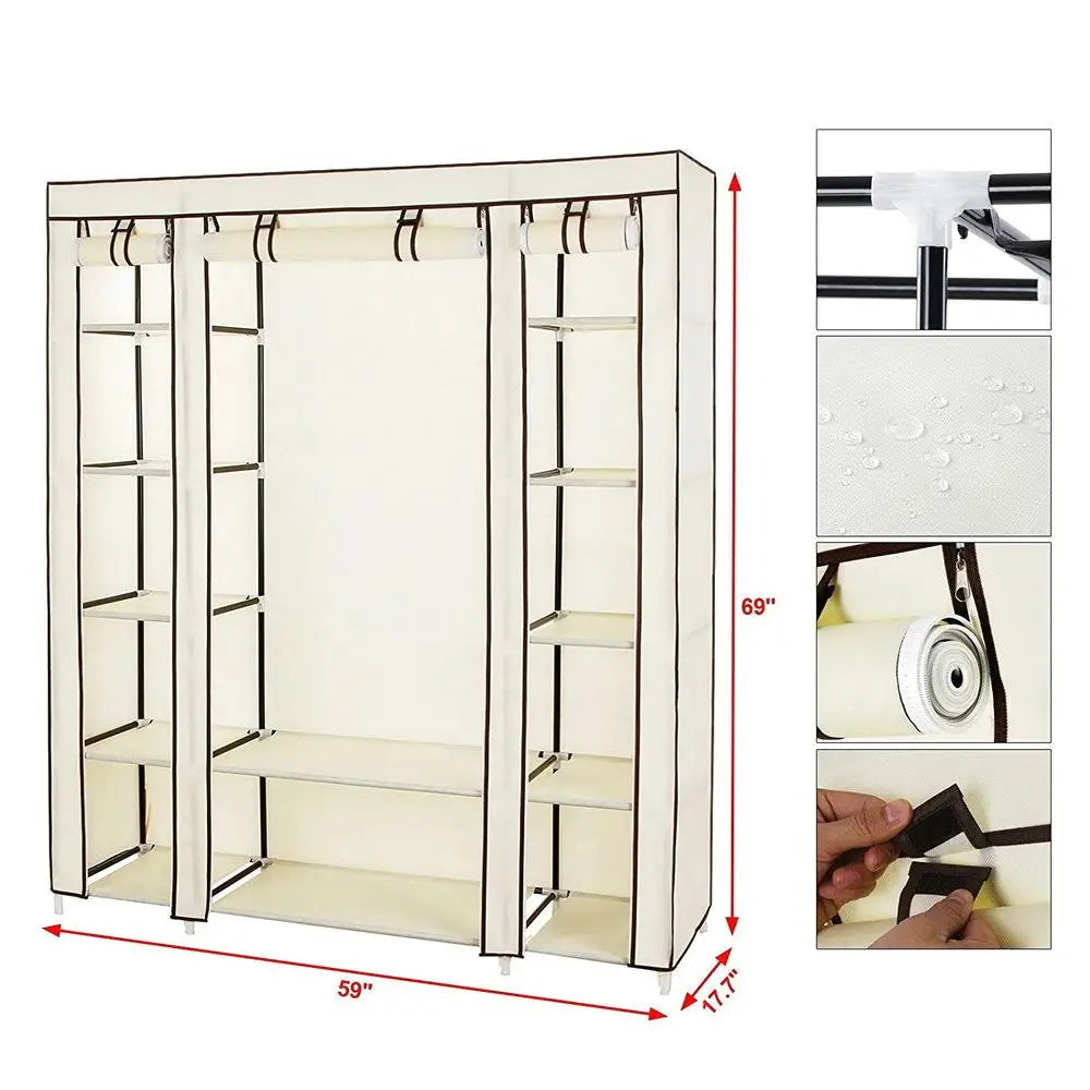 69 Portable Wardrobe Storage Organizer - Durable Non-Woven Fabric, Easy Assembly, Beige Clothes Closet