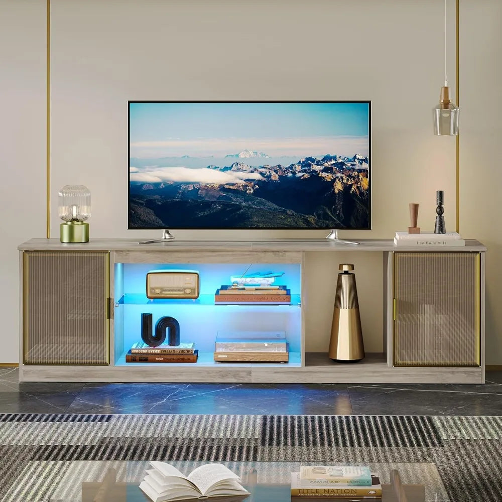 "80-Inch TV Capacity LED Entertainment Center with Adjustable Glass Shelves and Translucent Door Storage Cabinets"