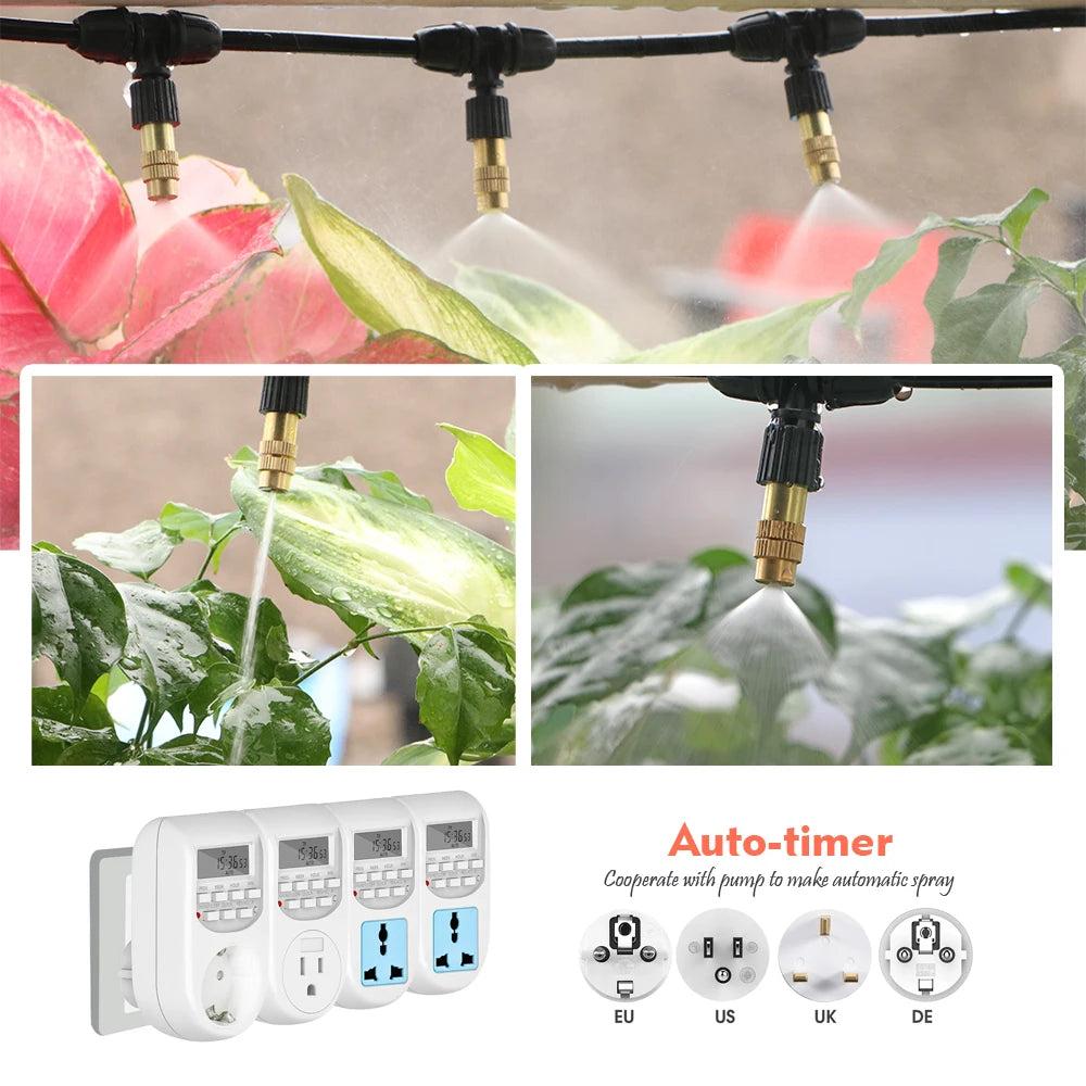 10-25M Garden Adjustable Brass Nozzle Misting 1/4" Watering System 60W Self-Priming Pump Automatic Cool Irrigation Equipment